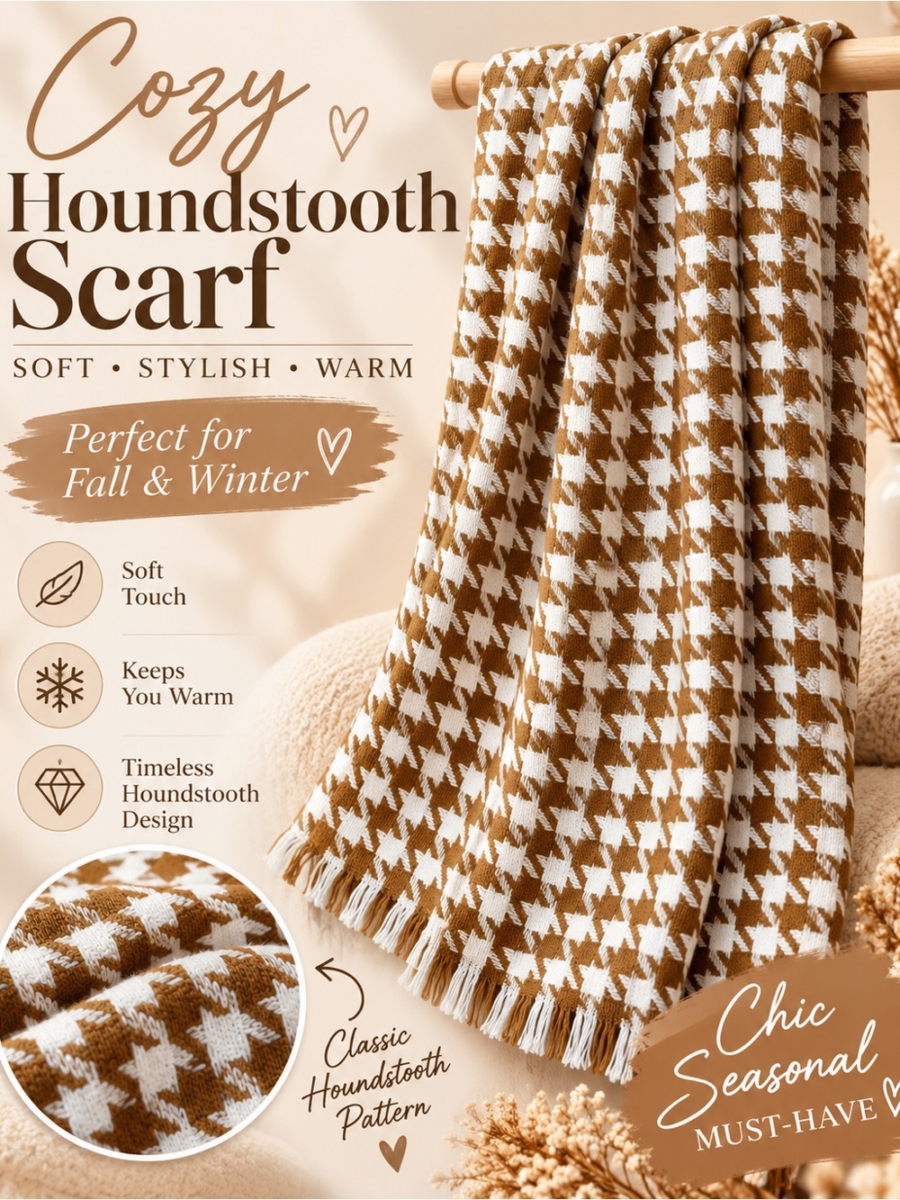 Cozy Houndstooth Scarf - White & Brown